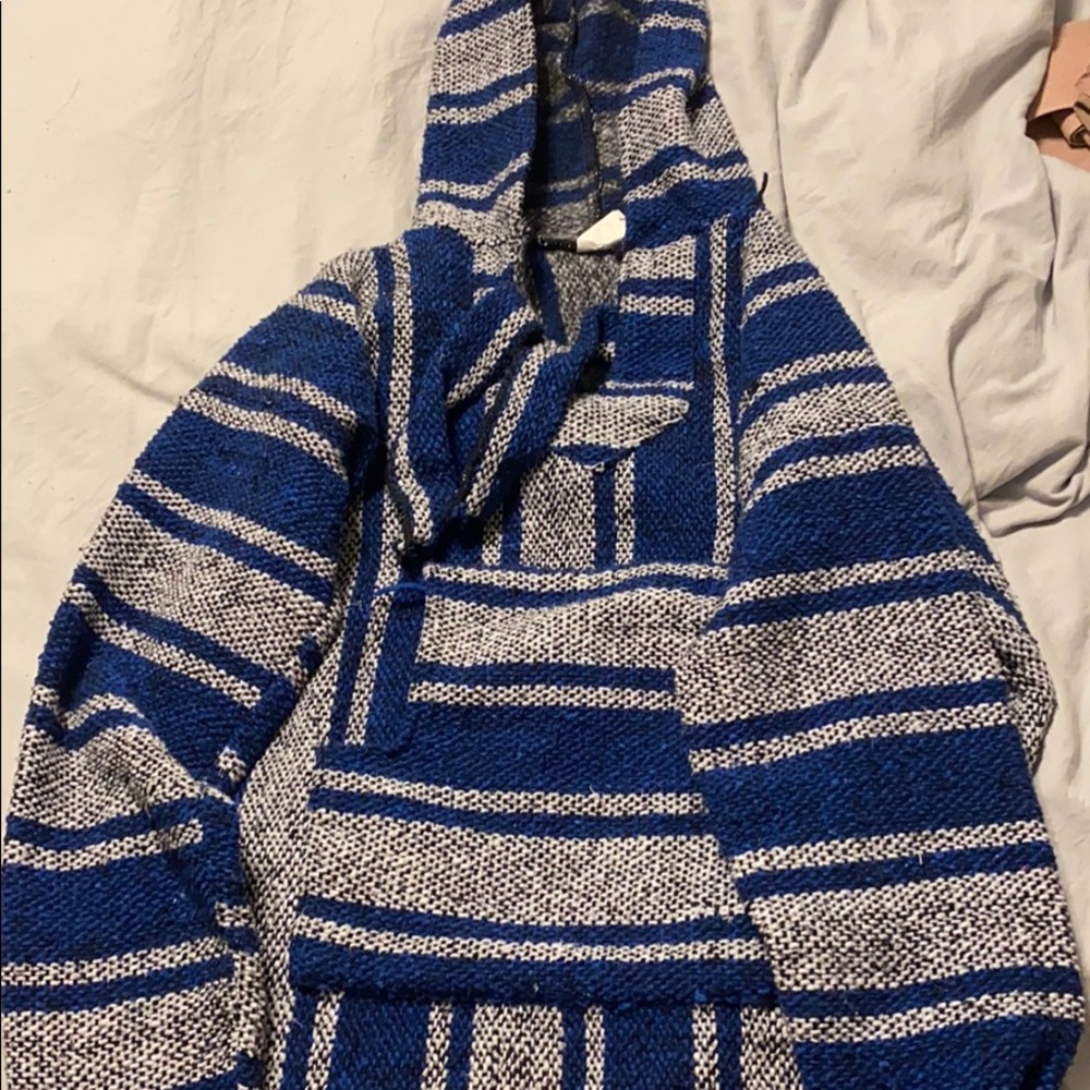 Blue and light gray poncho